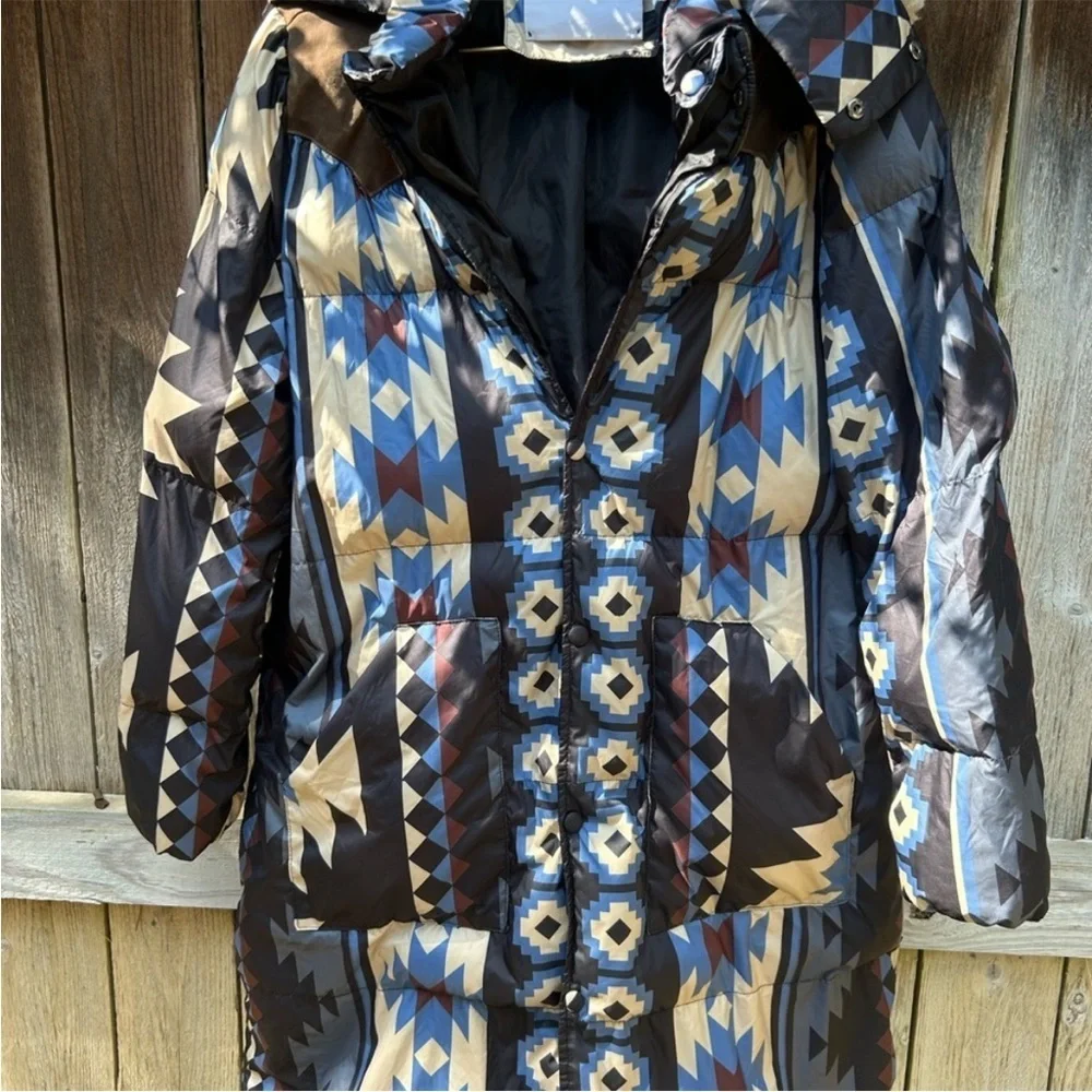 Blast Off Blue Aztec Patterned Men's Puffer Coat - Picture 3 of 13